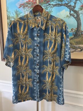 John Steverson Relaxed Palm-Print Short Sleeve Button-Down Shirt — Blue & Gold
